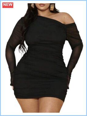 Plus Size Off Shoulder Mesh Long Sleeve Bodycon Mini Dress